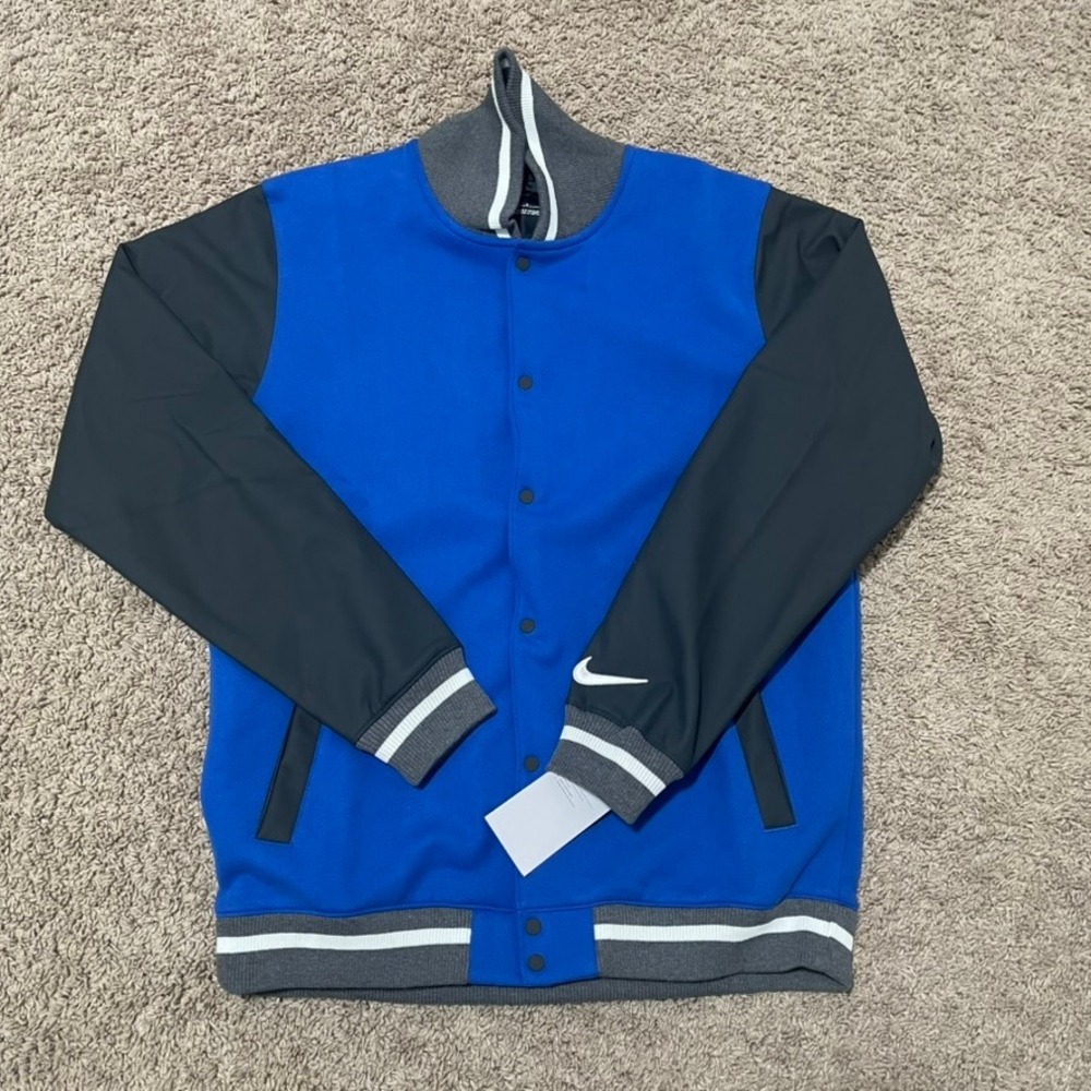 Nike Jacket Mens Medium Blue Gray Sportswear Letterman Varsity Stadium Coat Snap